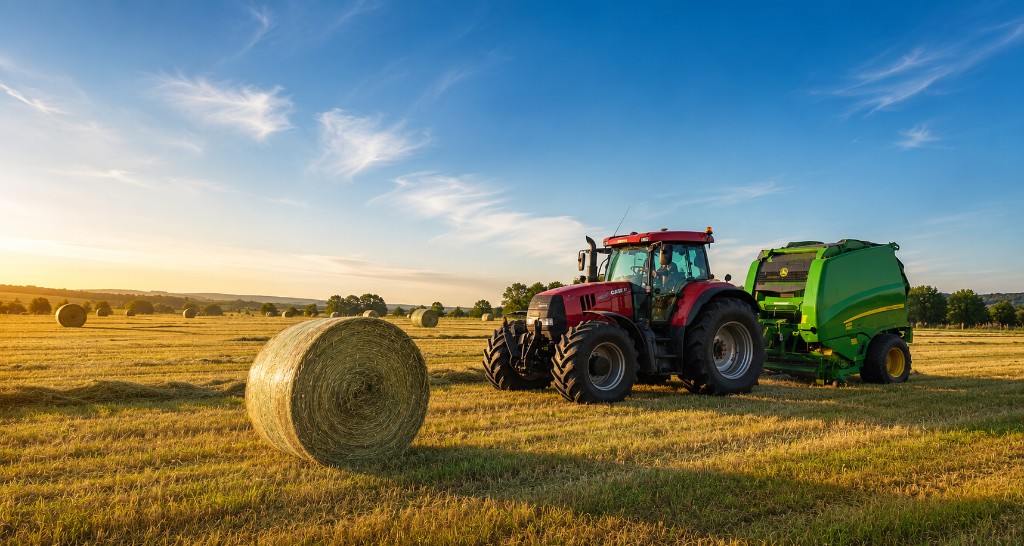 Agriculture sector — tractor and hay bales at sunset